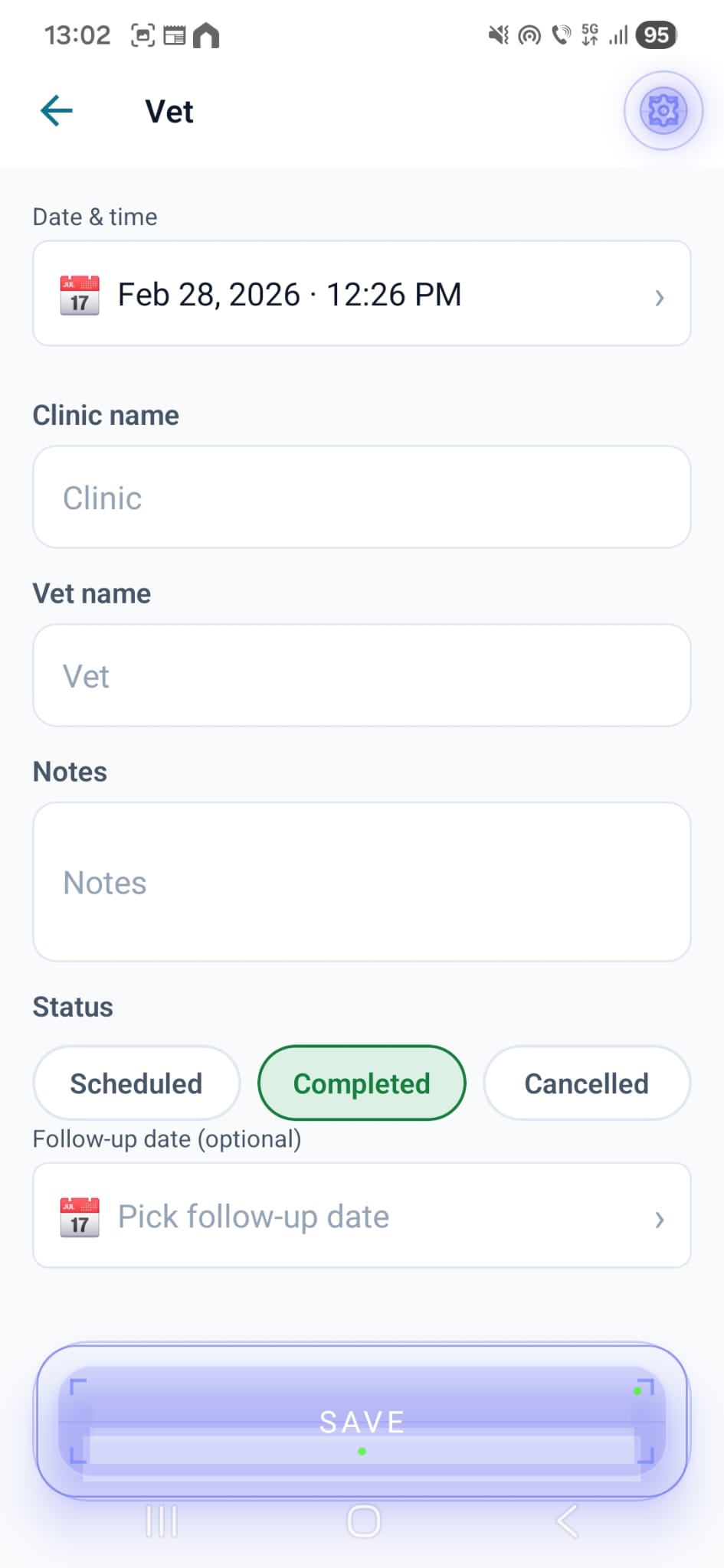 Vet visit detail form with date, clinic, notes and status